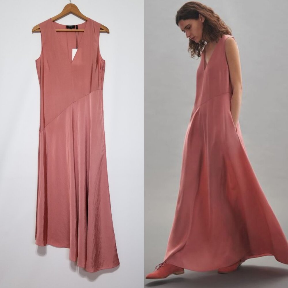 NWT Theory V-Neck Draped Maxi Dress in Deep Carnation (Rose Pink) Size 00, 0, 4